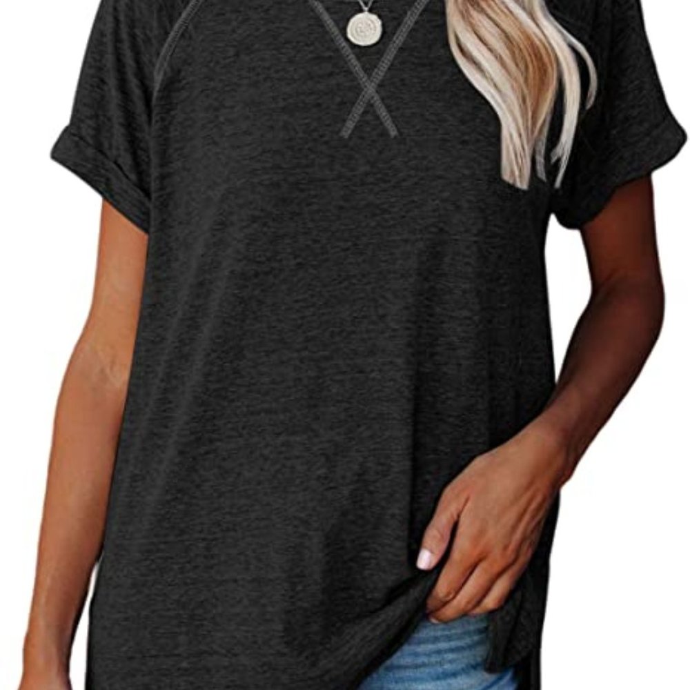 Women's Casual Short Sleeve T Shirts Crewneck Raglan Tees Side Split Summer